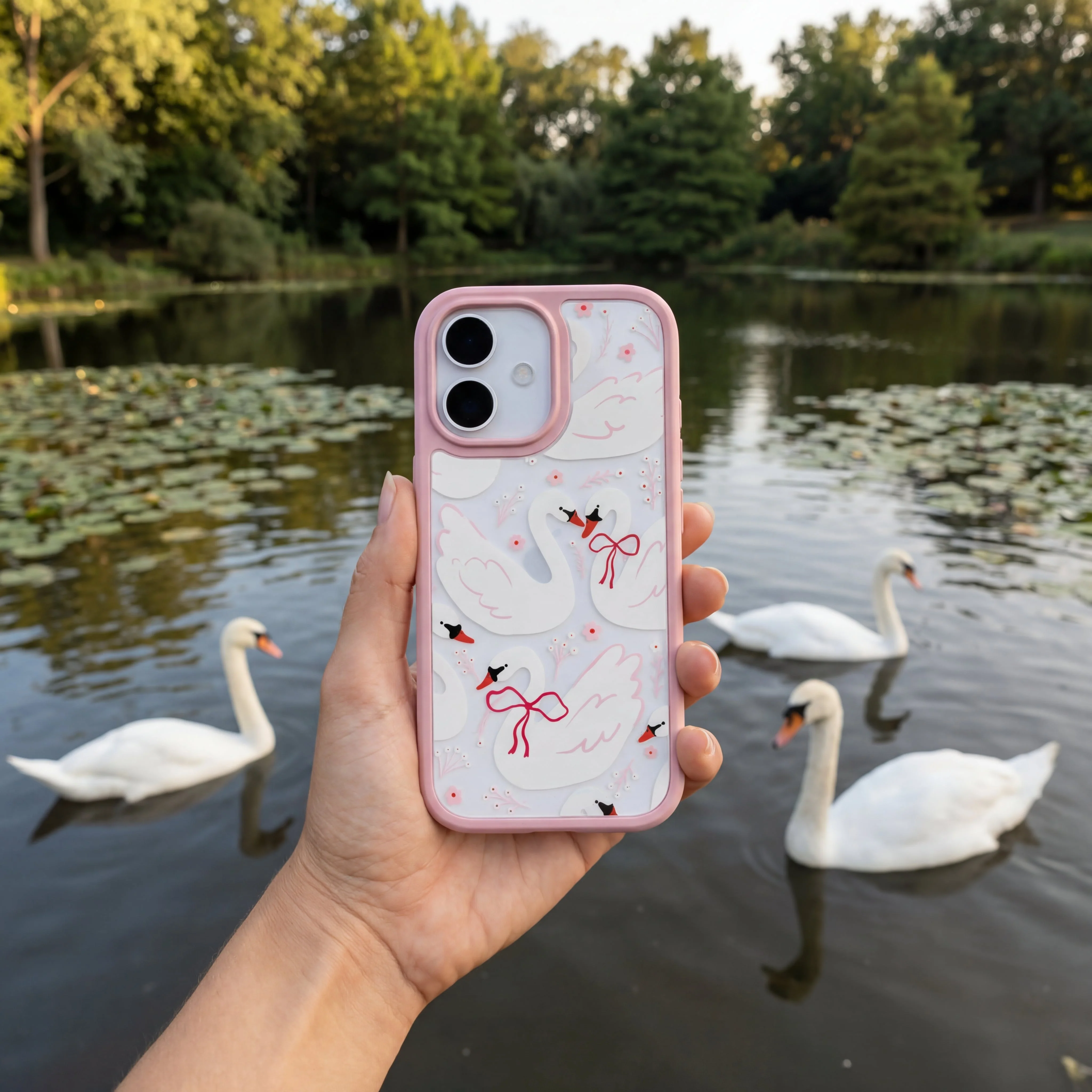 Clear Swan Garden iPhone 17 Case With Petal Pink Ridge (MagSafe included) - Image 2