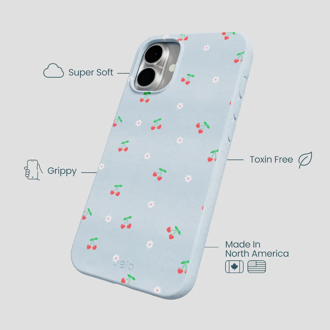 Powder Blue Sweet Cherries iPhone 16 Plus Case - Image 3